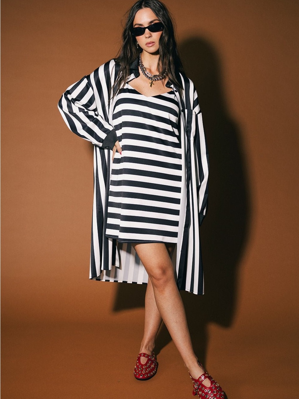 DRESSED IN LALA Striped Black & White Slip dress and duster (satin material)